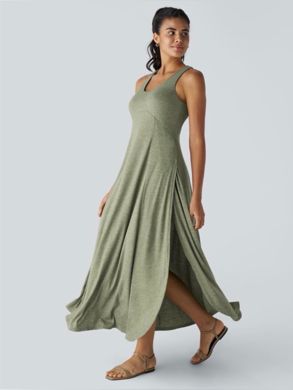 Halara U Neck Flowy Maxi Casual Tank Dress Size L Olive Green